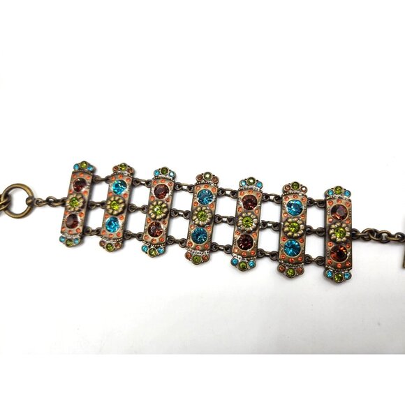 MYKA panel bracelet with multi color Swarovski crystals on bronze 7.5 inch - Picture 4 of 8